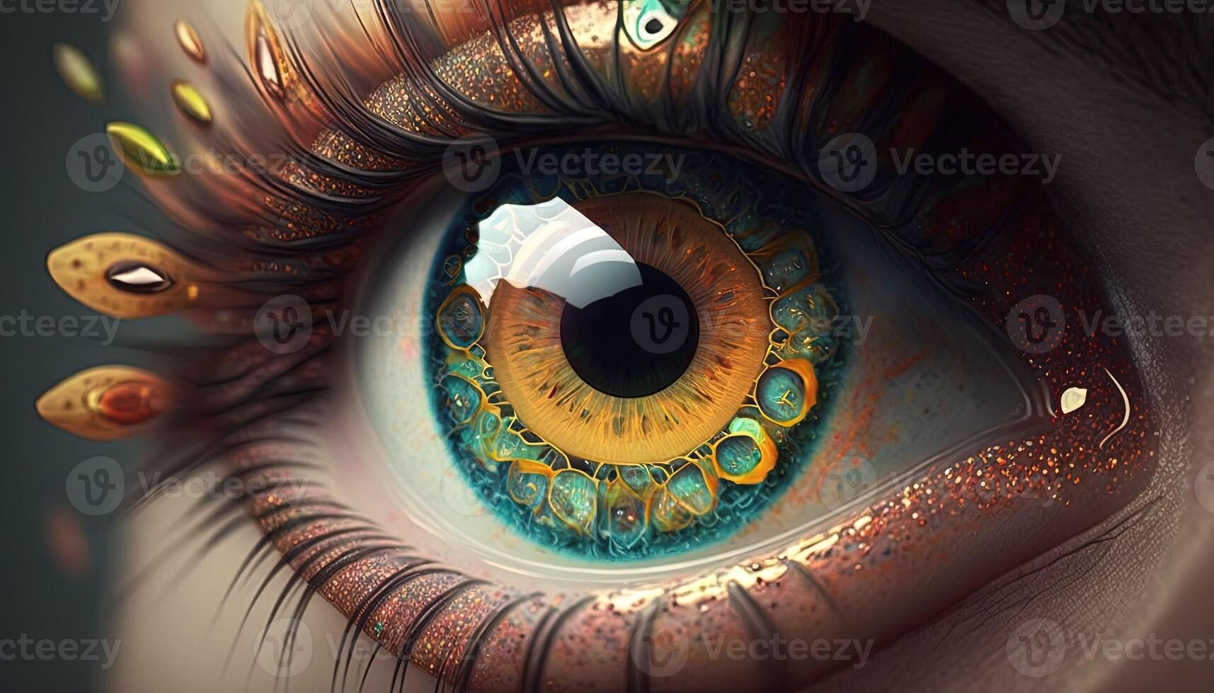 , Macro human open eye of nature with leaves, fantasy photorealistic horizontal illustration. Ecology, save nature and environment concept photo