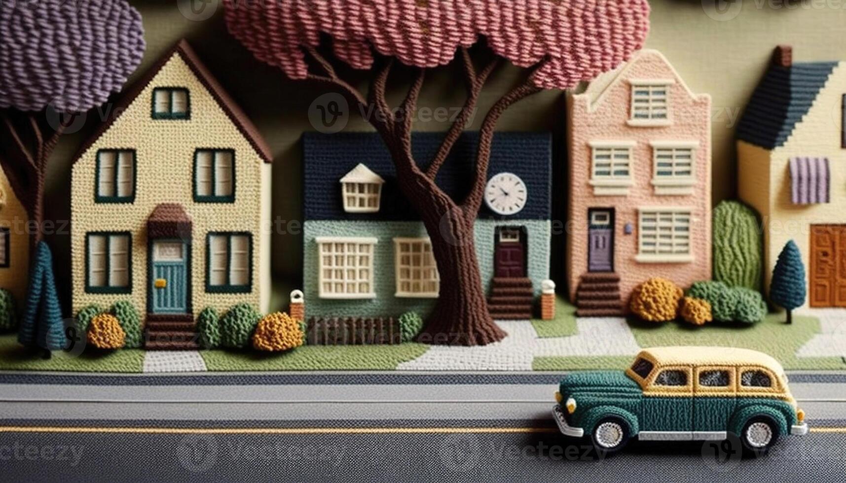 , cute street made of crochet, houses, trees, road, cars. Soft colors, dreamy scene cityscape made of crochet materials, wool, fabric, yarn, sewing for background photo