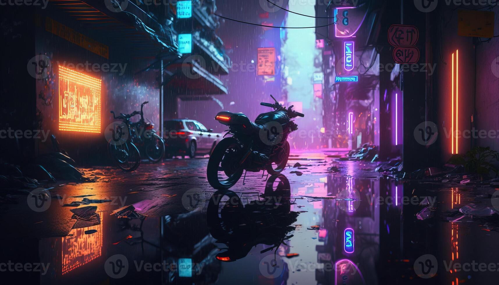 , Night scene of after rain city in cyberpunk style with motorcycle, futuristic nostalgic 80s, 90s. Neon lights vibrant colors, photorealistic horizontal illustration. photo