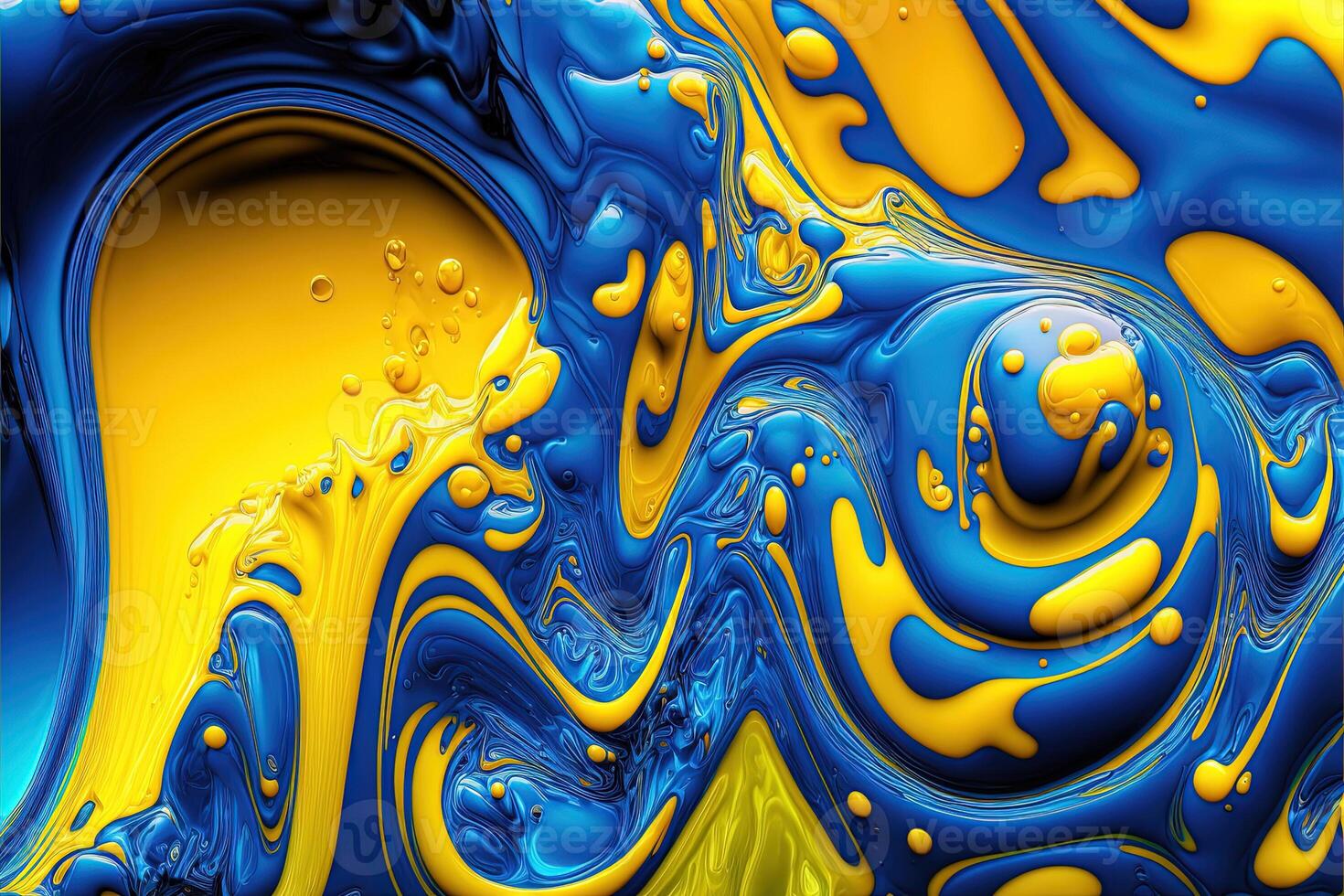 , Flowing liquid with splashes in blue and yellow color. Glossy Ukrainian flag fluid banner, 3D effect, modern macro photorealistic abstract background illustration. photo