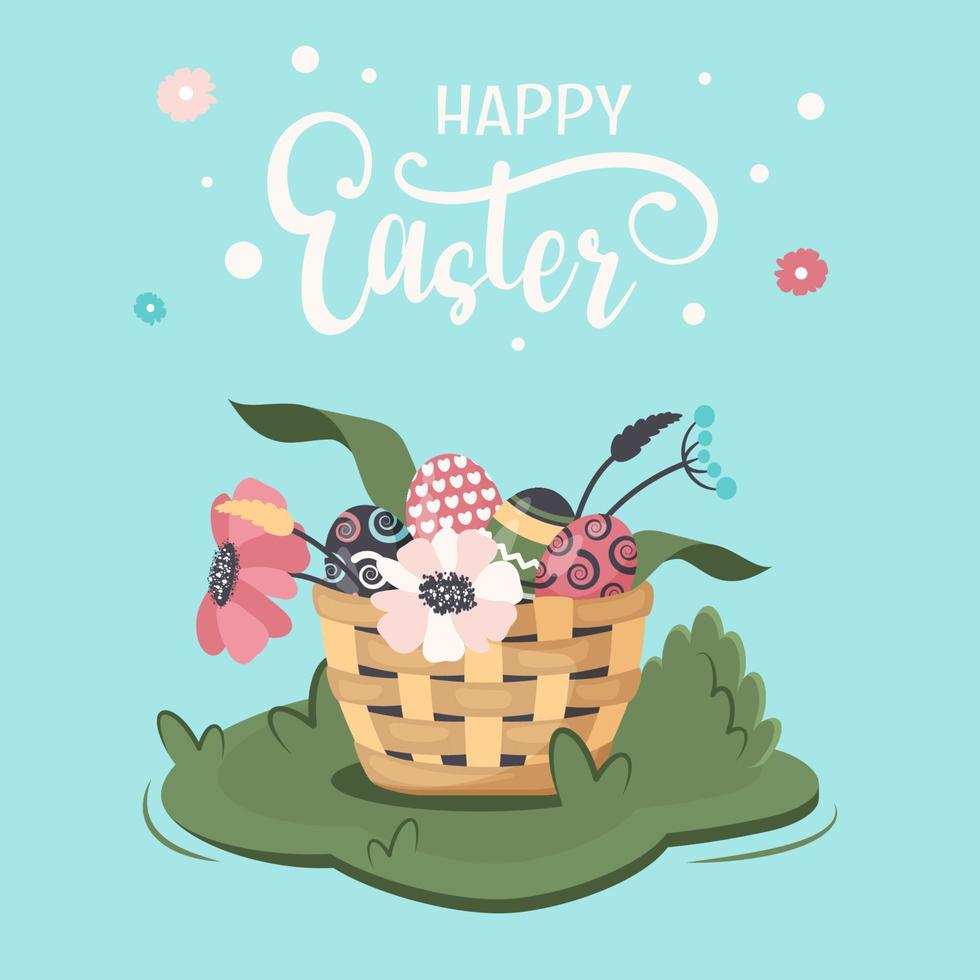 Happy Easter greeting card with hand draw text. Festive dyed eggs in wicker straw basket. Spring landscape with wildflowers, leaves. Vector cartoon illustration for holiday poster, banner