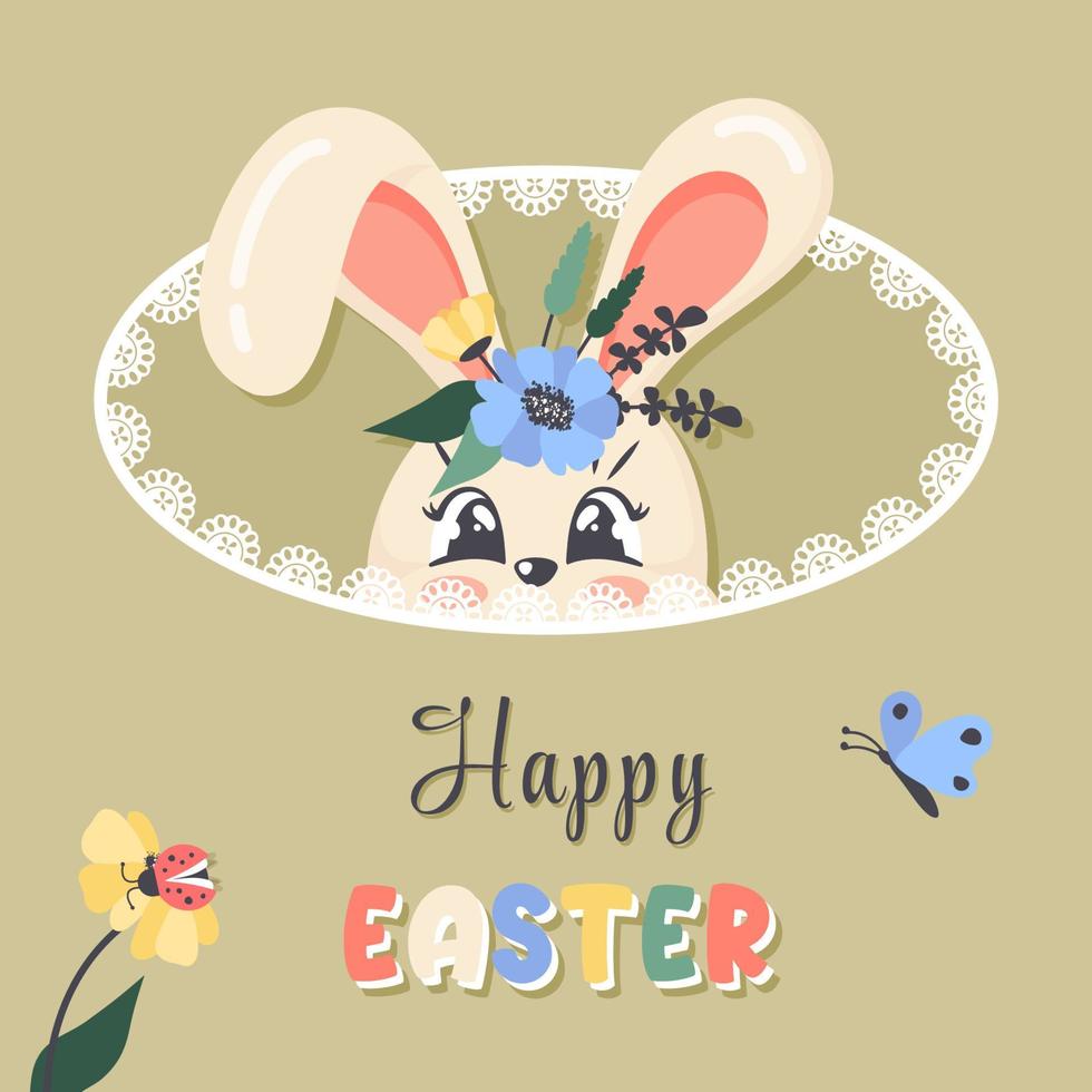 Happy Easter greeting card. Cute bunny face with wildfloral wreath on head, ladybug, butterfly. Vector cartoon flat illustration for religious holiday, banner, poster