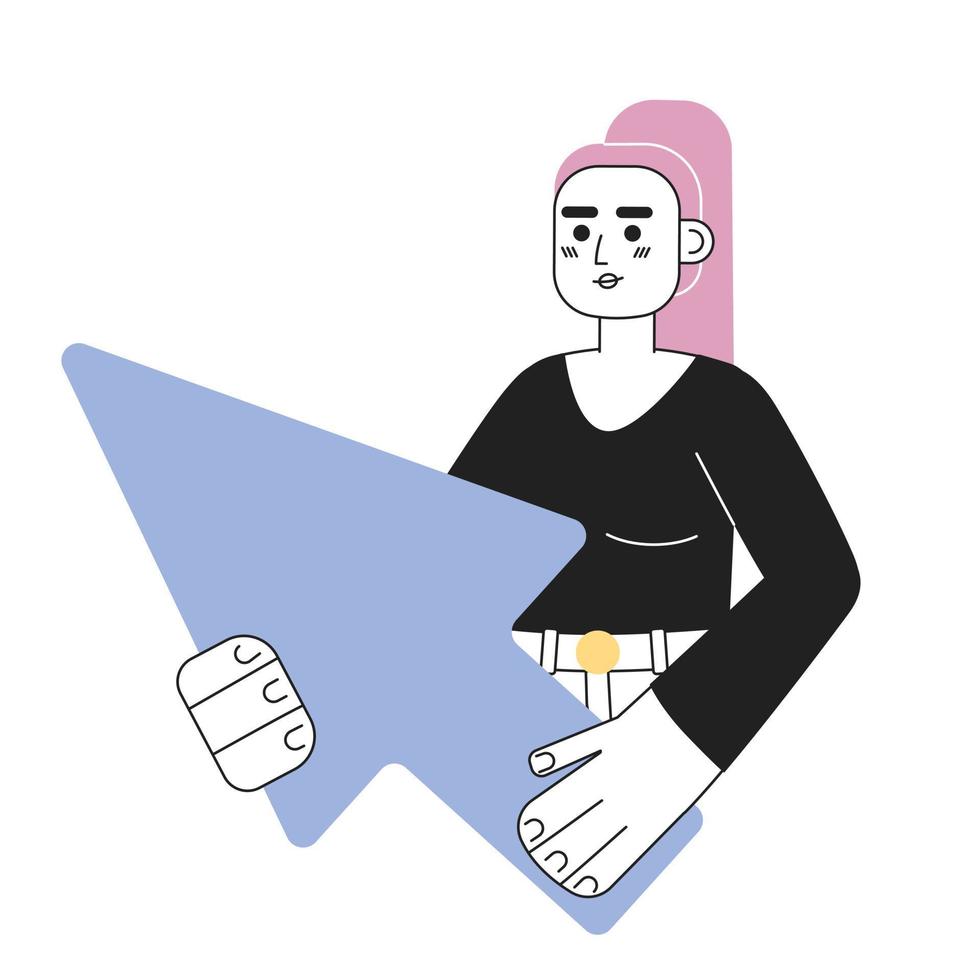 Female user with arrow cursor line concept vector spot illustration. Editable 2D flat cartoon character on white for web design. Girl with mouse pointer creative lineart idea for website, mobile, blog