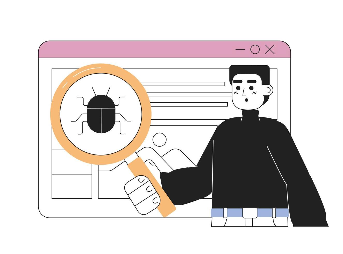 Debugging web application line concept vector spot illustration. Editable 2D flat cartoon character on white for web design. Software developer testing creative lineart idea for website, mobile, blog