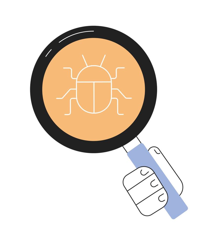 Finding bugs in code line concept vector spot illustration. Editable 2D flat cartoon object with hand on white for web design. Software testing online creative lineart idea for website, mobile, blog