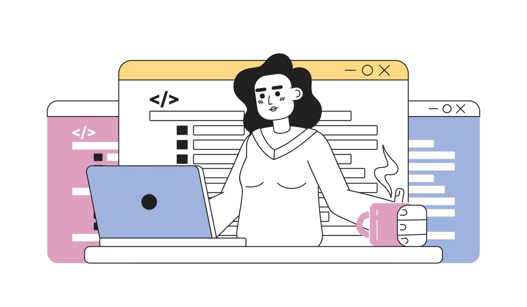 Writing code job line concept vector spot illustration. Editable 2D flat cartoon character on white for web design. Applications, software programming creative lineart idea for website, mobile, blog