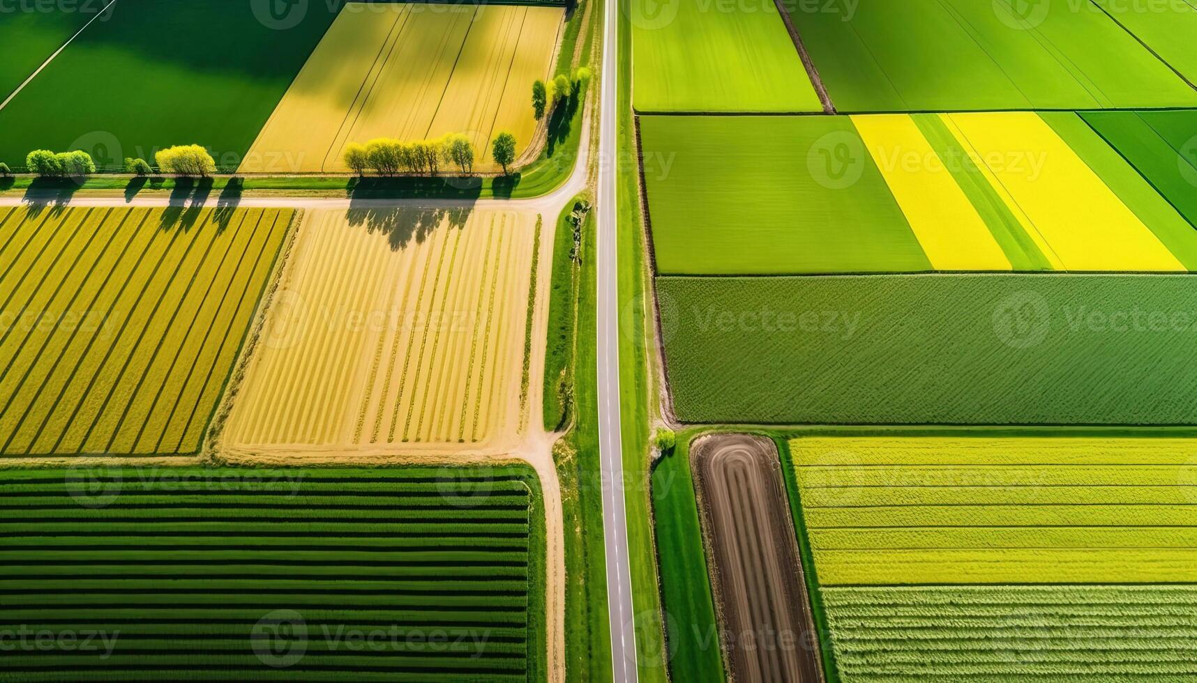 , Farm landscape, agricultural fields, beautiful countryside, country road. Nature Illustration, photorealistic top view drone, horizontal banner. photo