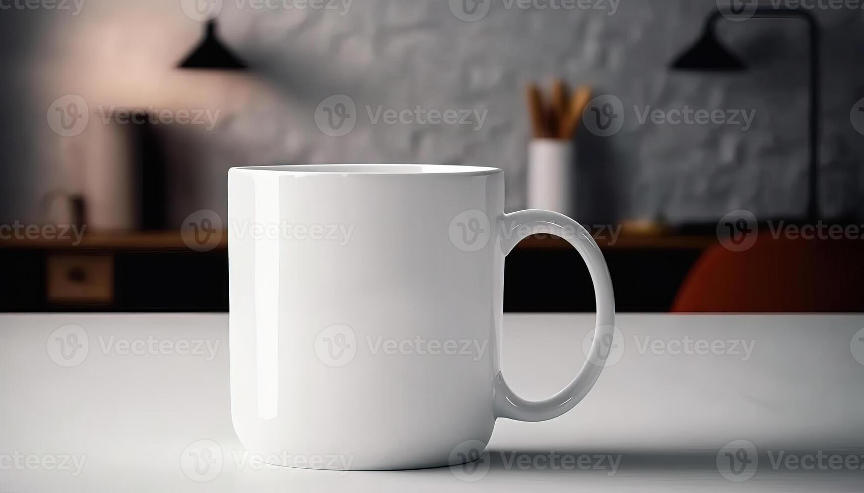 , Realistic white ceramic cup set-up in at home interior, mug mock up blank. Photorealistic illustration photo