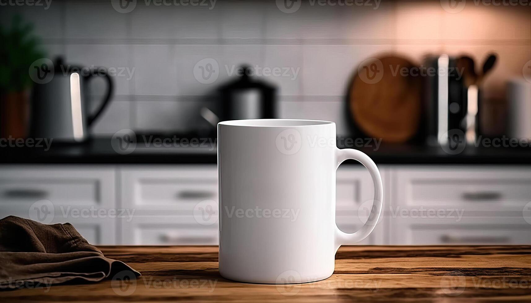 , Realistic white ceramic cup set-up in at home interior, mug mock up blank. Photorealistic illustration photo