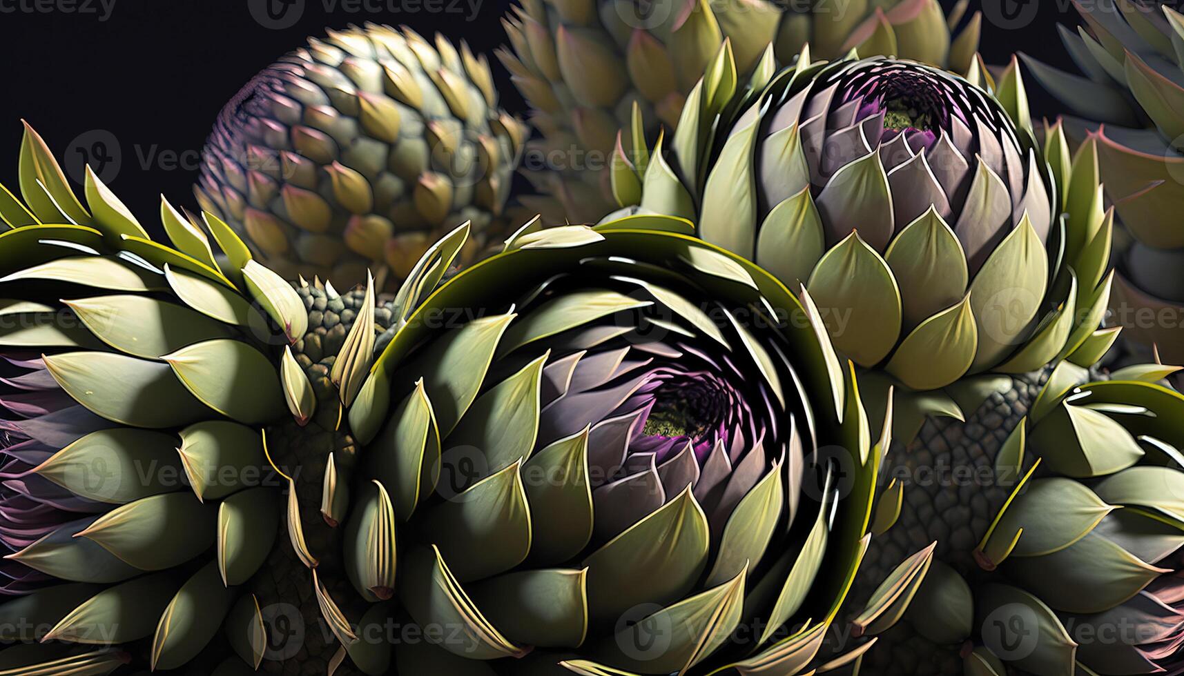 , Artichoke macro photorealistic illustration, agricultural vegetable. Nature organic healthy farm food concept, many artichokes as background. photo