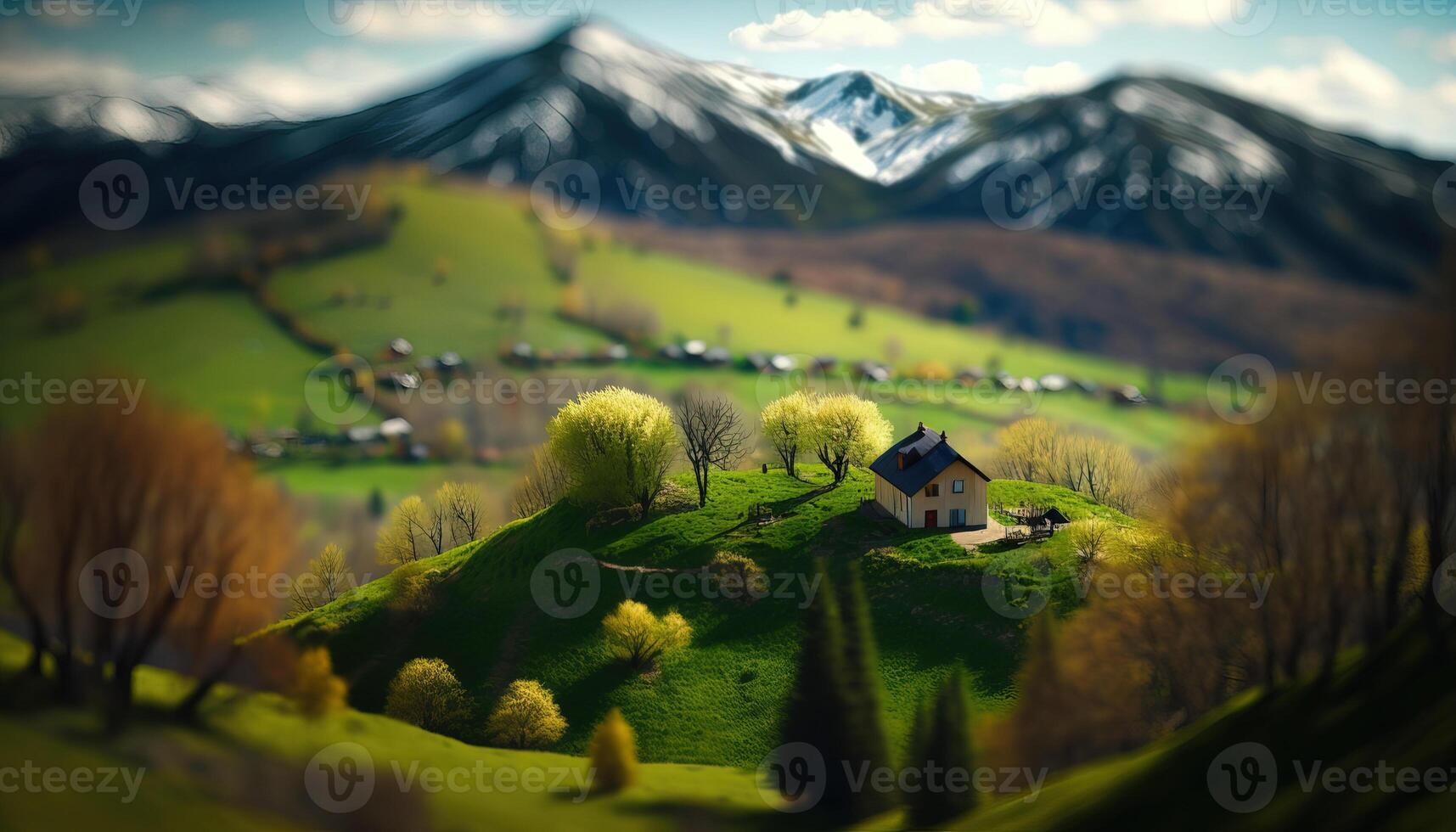 generativo ai, montañas primavera verde paisaje, casas, árboles, camino, hermosa campo. naturaleza ilustración, fotorrealista inclinación cambio horizontal bandera. foto