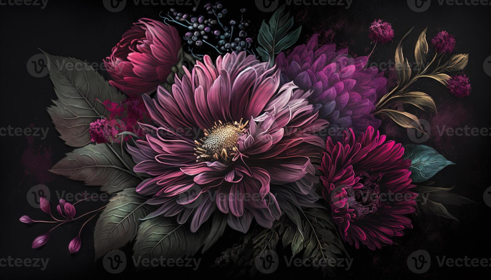 , Close up of blooming flowerbeds of amazing viva magenta flowers on dark moody floral textured background. Photorealistic effect. photo