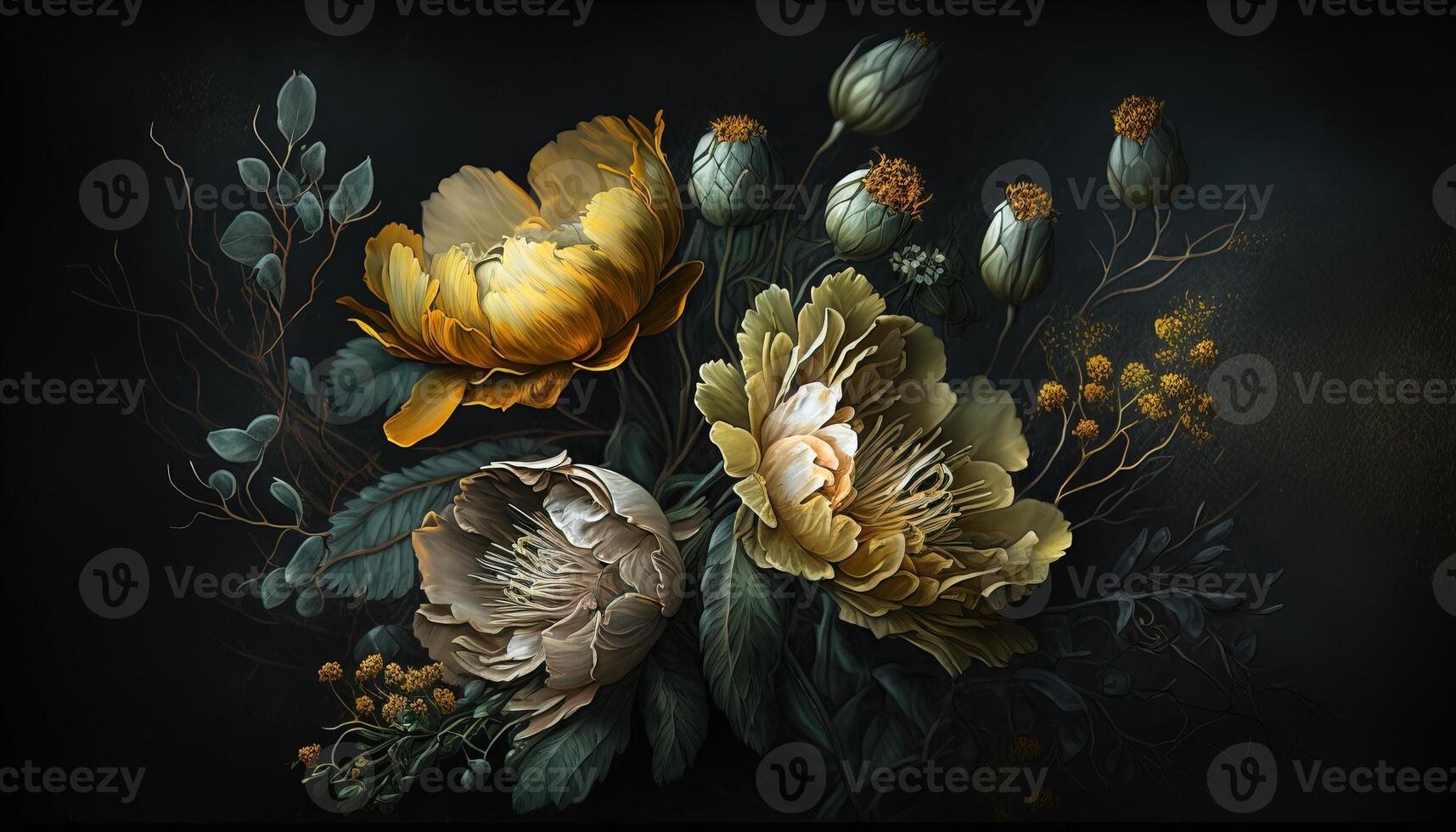 , Close up of blooming flowerbeds of amazing yellow flowers on dark moody floral textured background. Photorealistic effect. photo