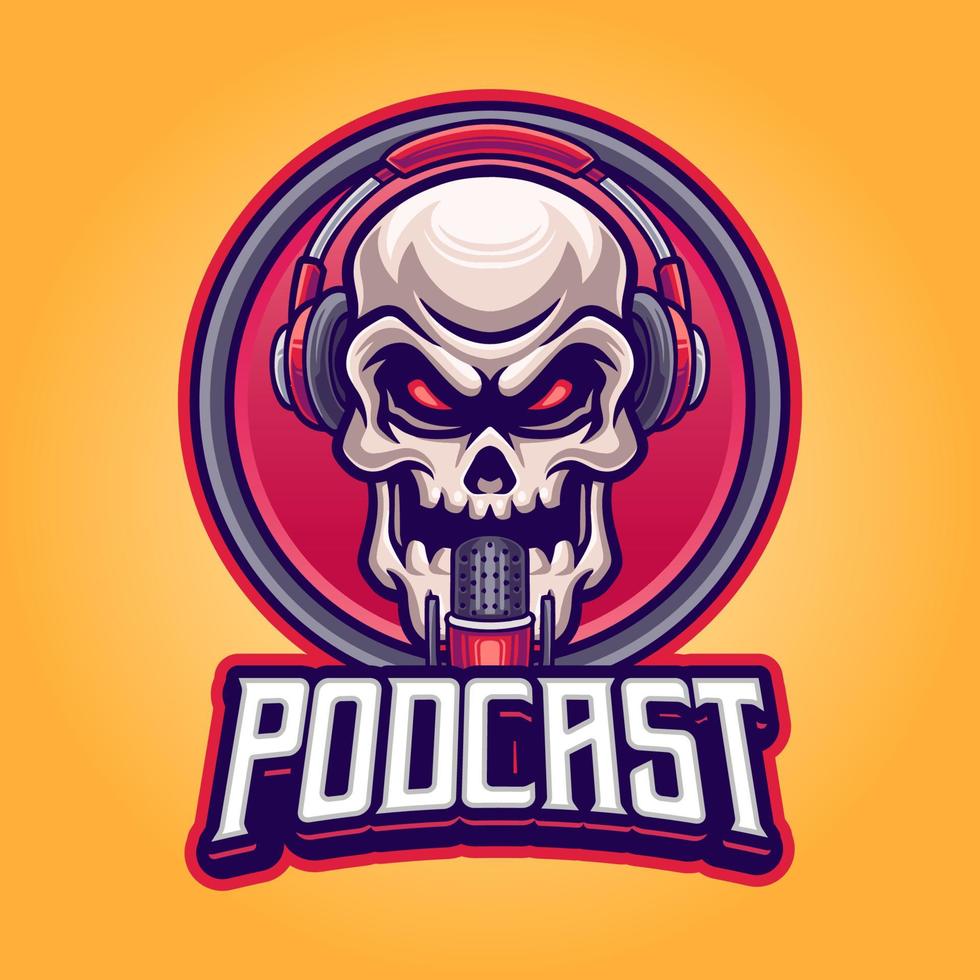 Skull head with microphone and headphone for podcast, radio, broadcasting logo vector