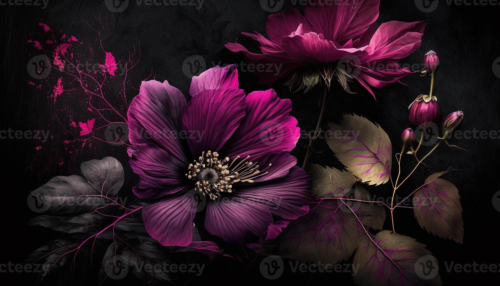 , Close up of blooming flowerbeds of amazing viva magenta flowers on dark moody floral textured background. Photorealistic effect. photo