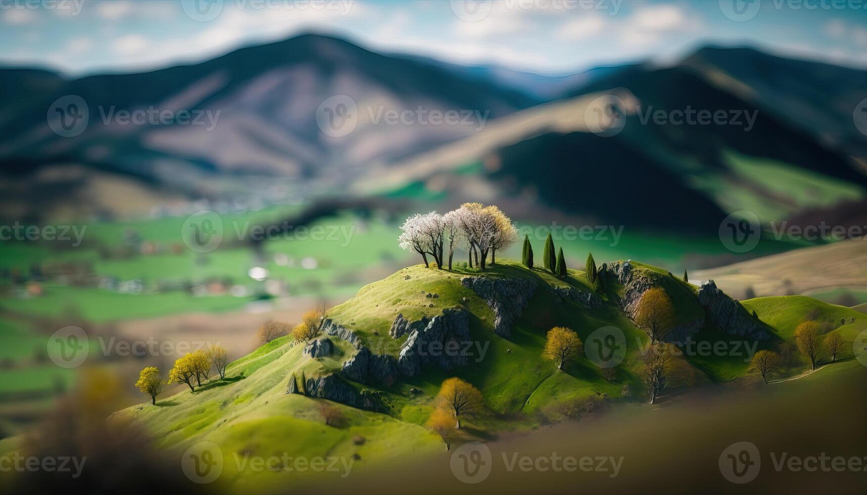 , Mountains spring green landscape, houses, trees, road, beautiful countryside. Nature Illustration, photorealistic tilt shift horizontal banner. photo