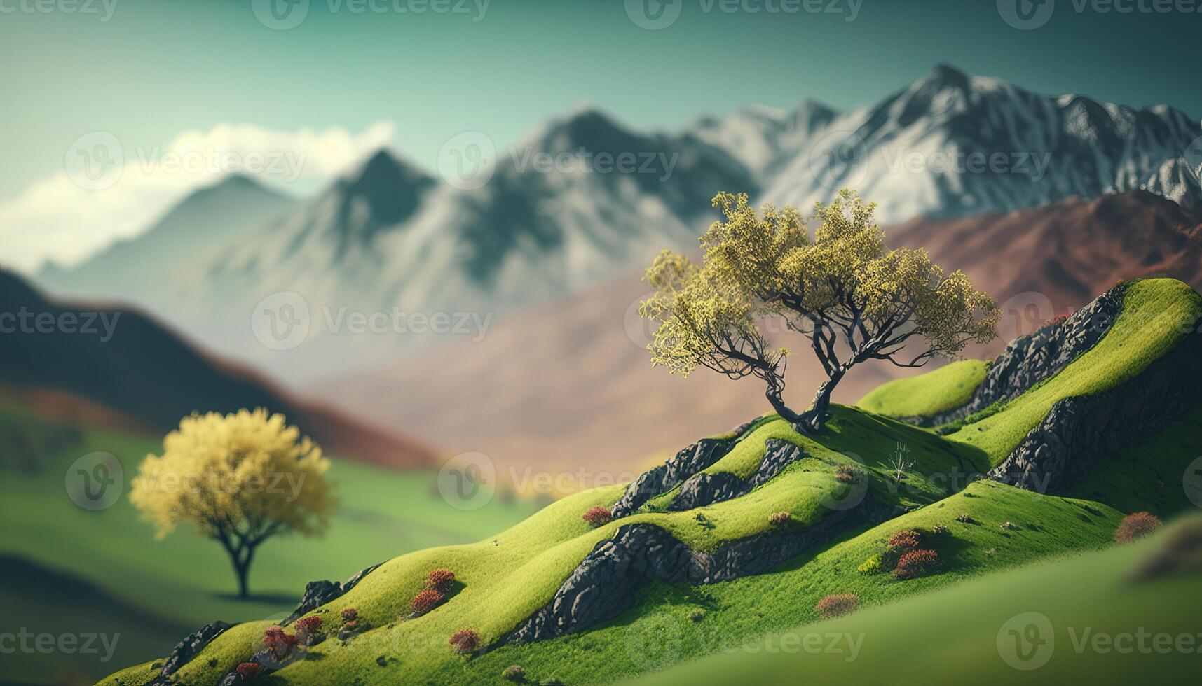 , Mountains spring green landscape, houses, trees, road, beautiful countryside. Nature Illustration, photorealistic tilt shift horizontal banner. photo