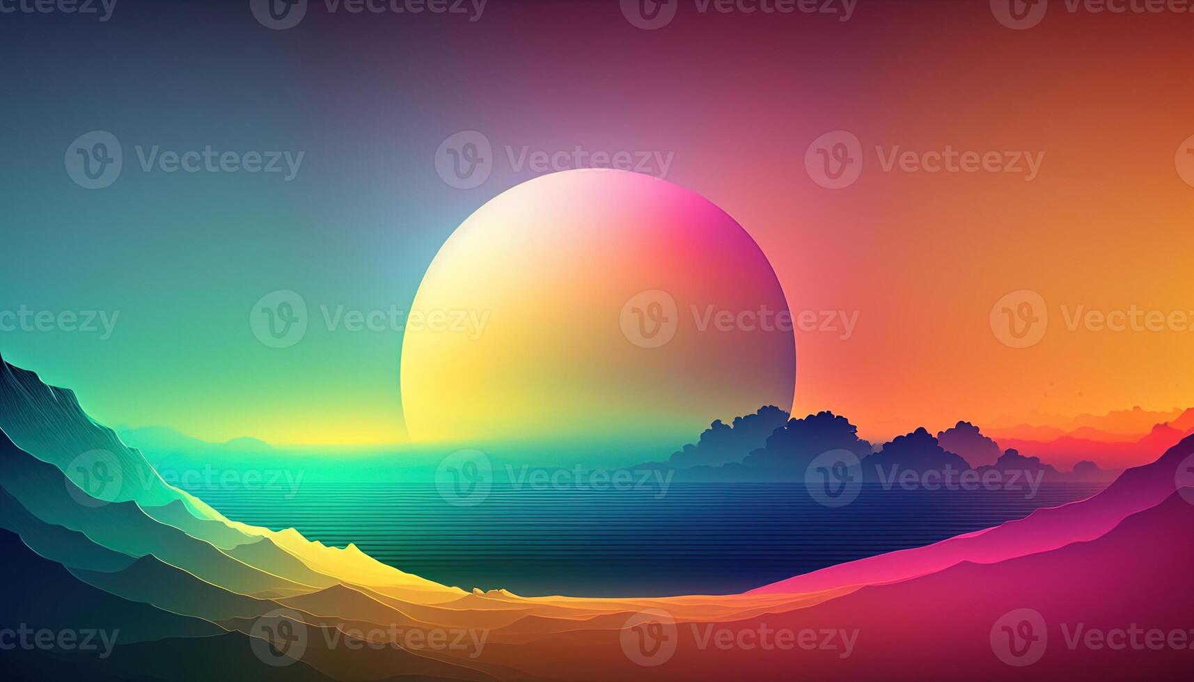 , Beautiful landscape with sun and mountains, in trendy 80s 90s colors, horizontal wallpaper. Abstract gradient background photo