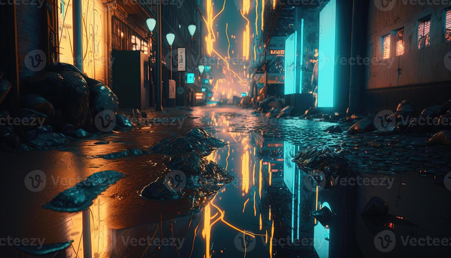 , Night scene of after rain city in cyberpunk style, futuristic nostalgic 80s, 90s. Neon lights vibrant colors, photorealistic horizontal illustration. photo