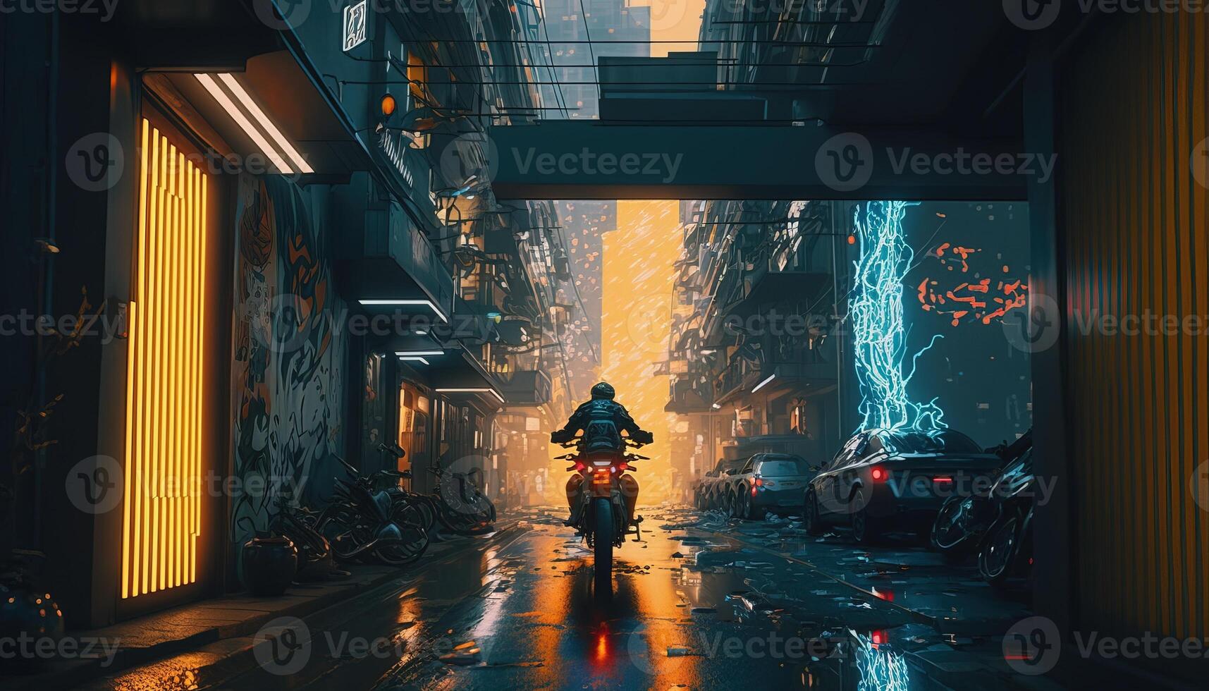 , Night scene of after rain city in cyberpunk style with motorcycle, futuristic nostalgic 80s, 90s. Neon lights vibrant colors, photorealistic horizontal illustration. photo