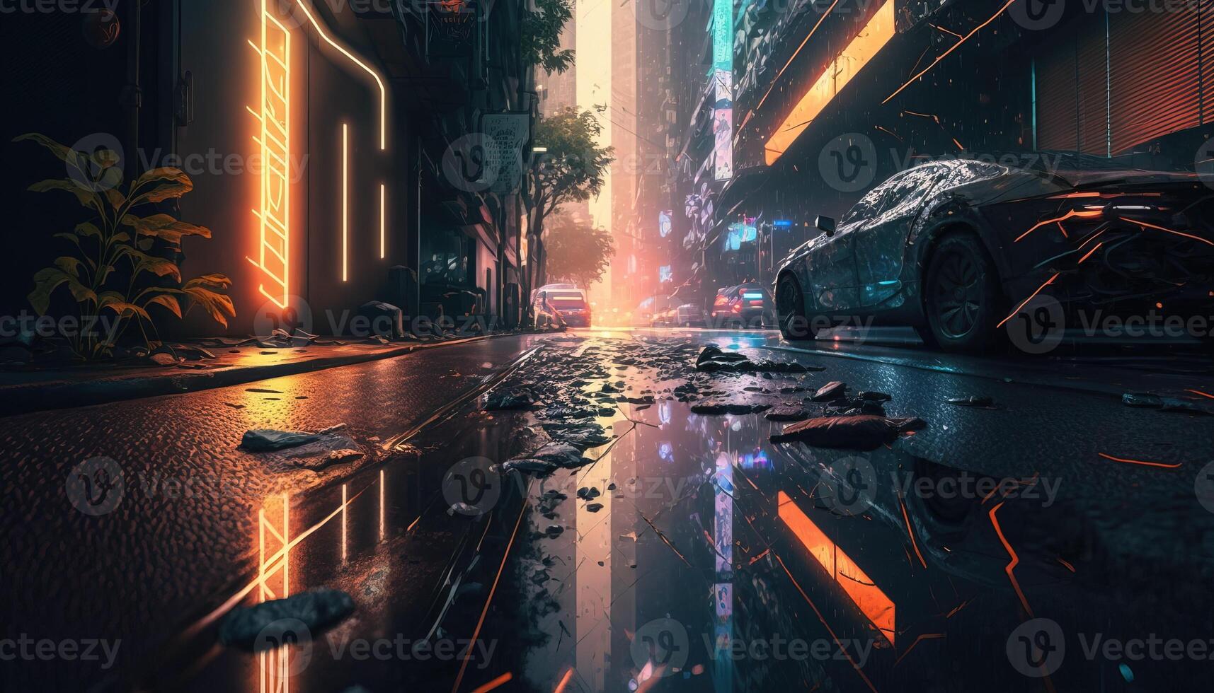 , Night scene of after rain city in cyberpunk style with car, futuristic nostalgic 80s, 90s. Neon lights vibrant colors, photorealistic horizontal illustration. photo