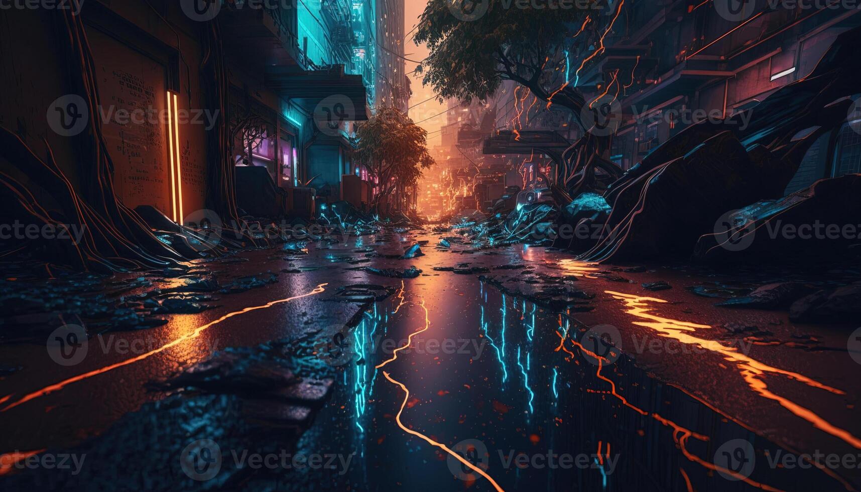 , Night scene of after rain city in cyberpunk style, futuristic nostalgic 80s, 90s. Neon lights vibrant colors, photorealistic horizontal illustration. photo