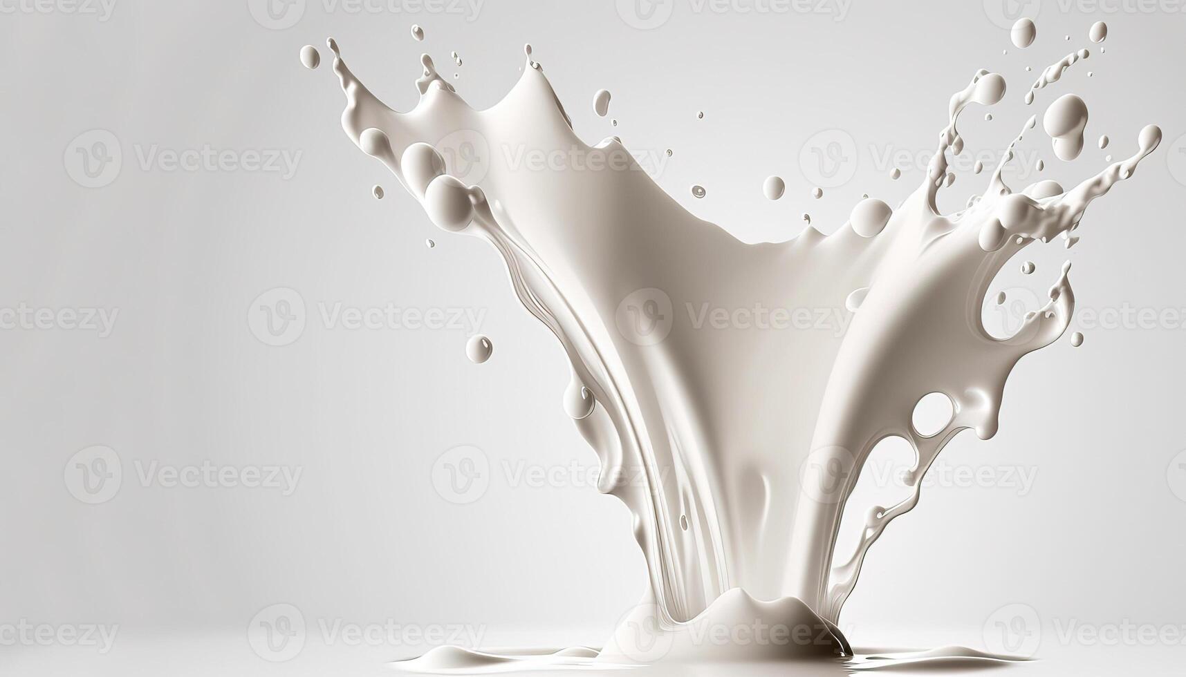 , Flowing liquid with splashes in white color. Glossy creamy milk fluid banner, 3D effect, modern macro photorealistic abstract background illustration. photo