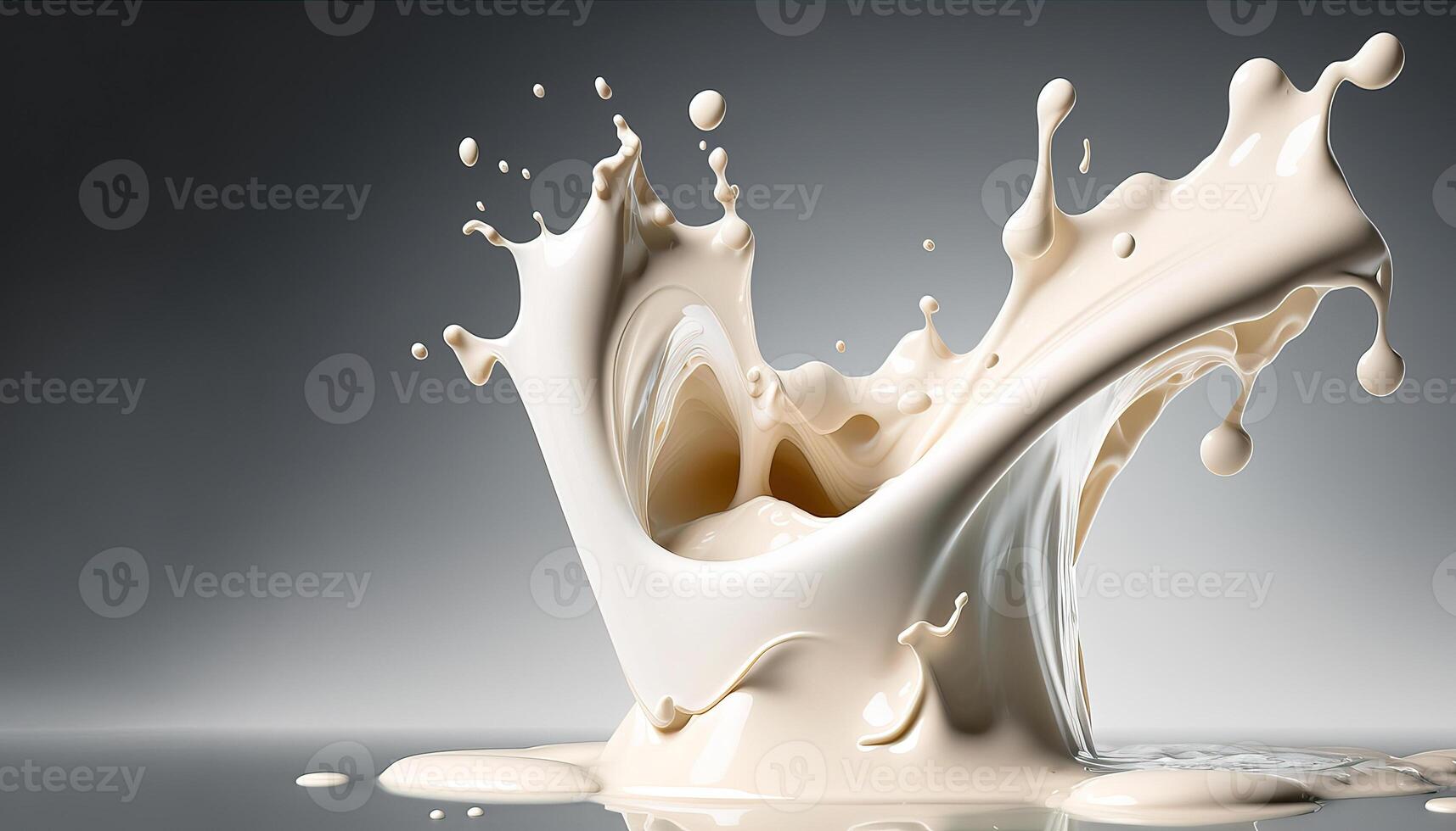 , Flowing liquid with splashes in white color. Glossy creamy milk fluid banner, 3D effect, modern macro photorealistic abstract background illustration. photo