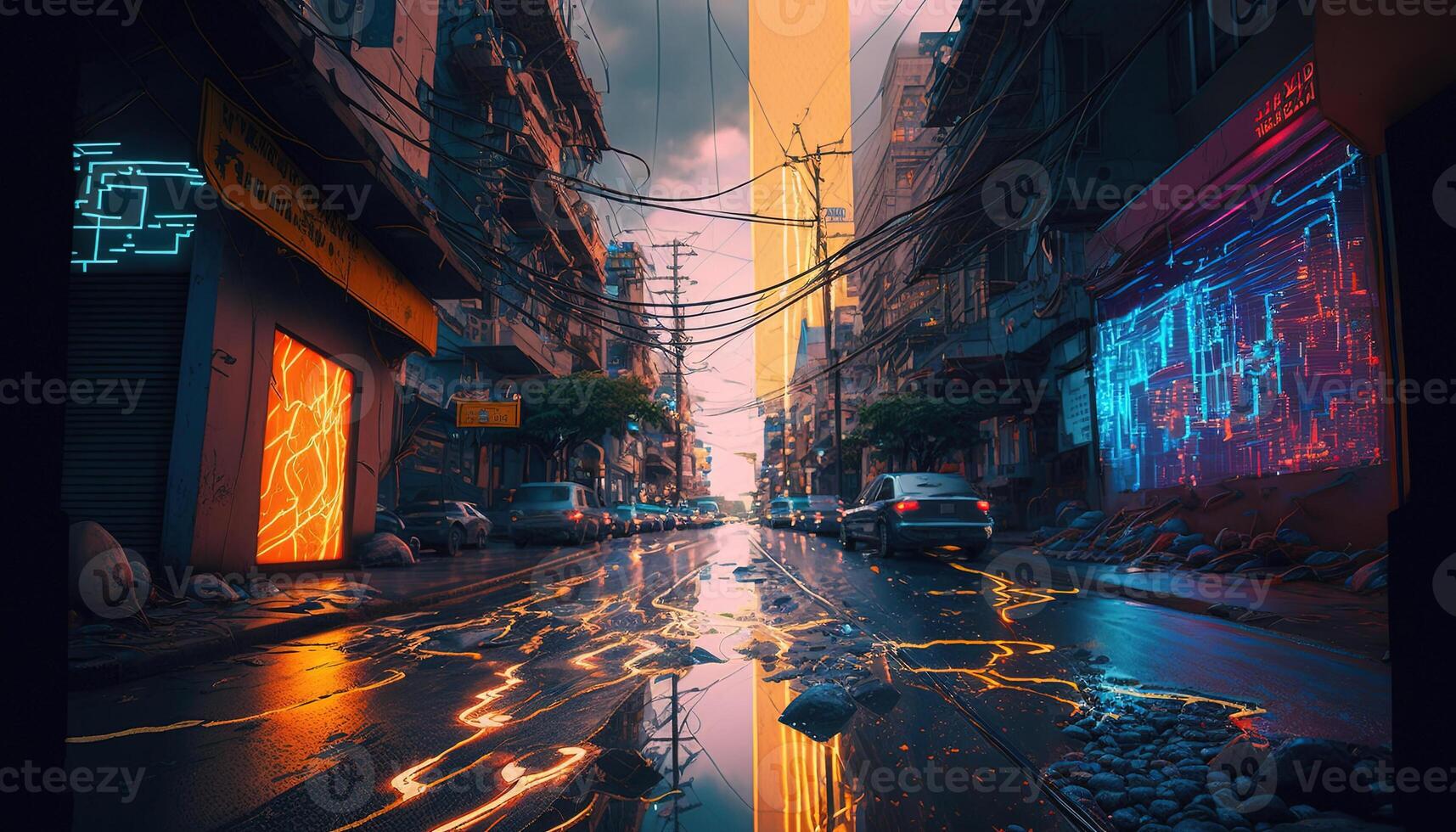 , Night scene of after rain city in cyberpunk style, futuristic nostalgic 80s, 90s. Neon lights vibrant colors, photorealistic horizontal illustration. photo