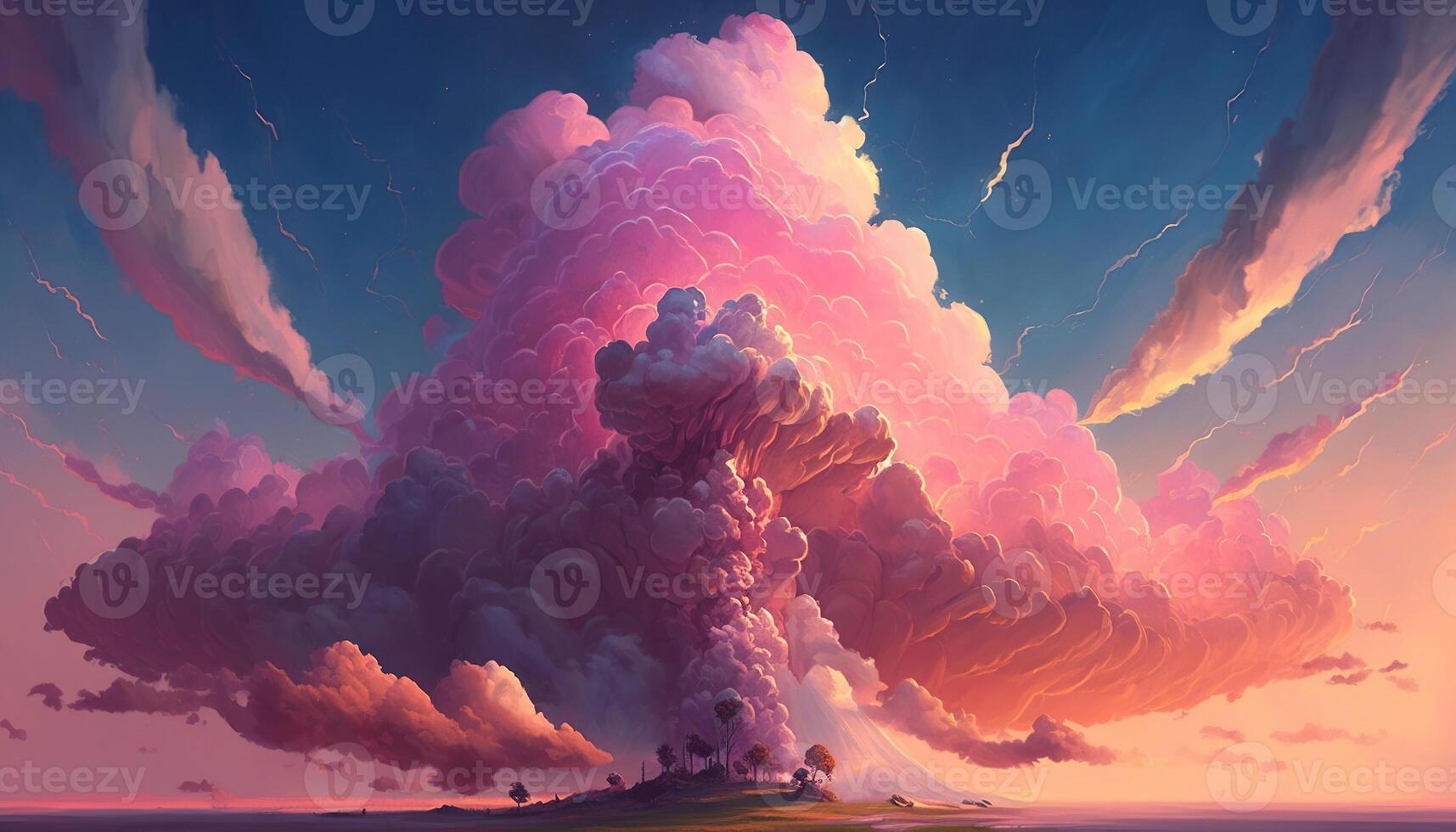 , Pink magenta fantastic clouds, sky and landscape. Gentle colors and with bright lights photo