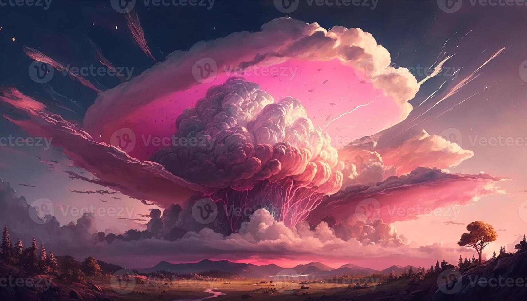 , Pink magenta fantastic clouds, sky and landscape. Gentle colors and with bright lights photo