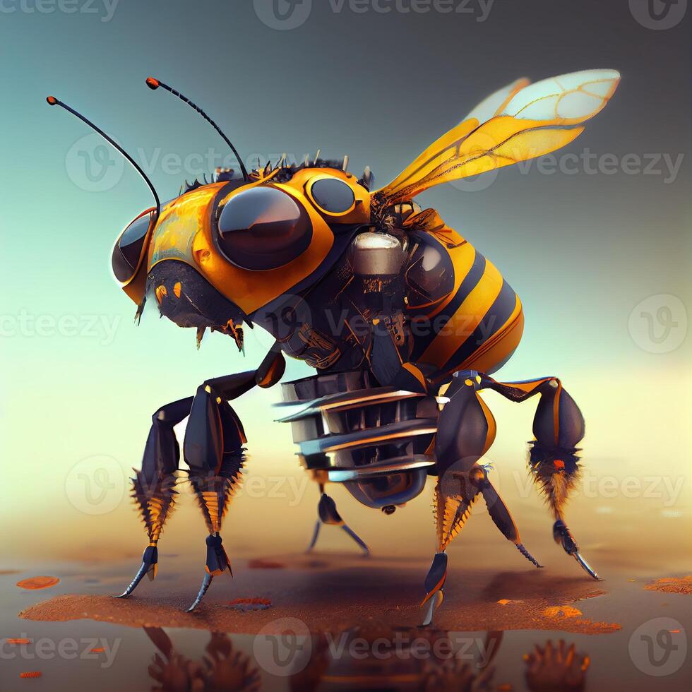 , Robot cyborg bee, concept blockchain and technology networks, yellow mechanical insect. Steampunk cyberpunk style, artificial intelligence photo