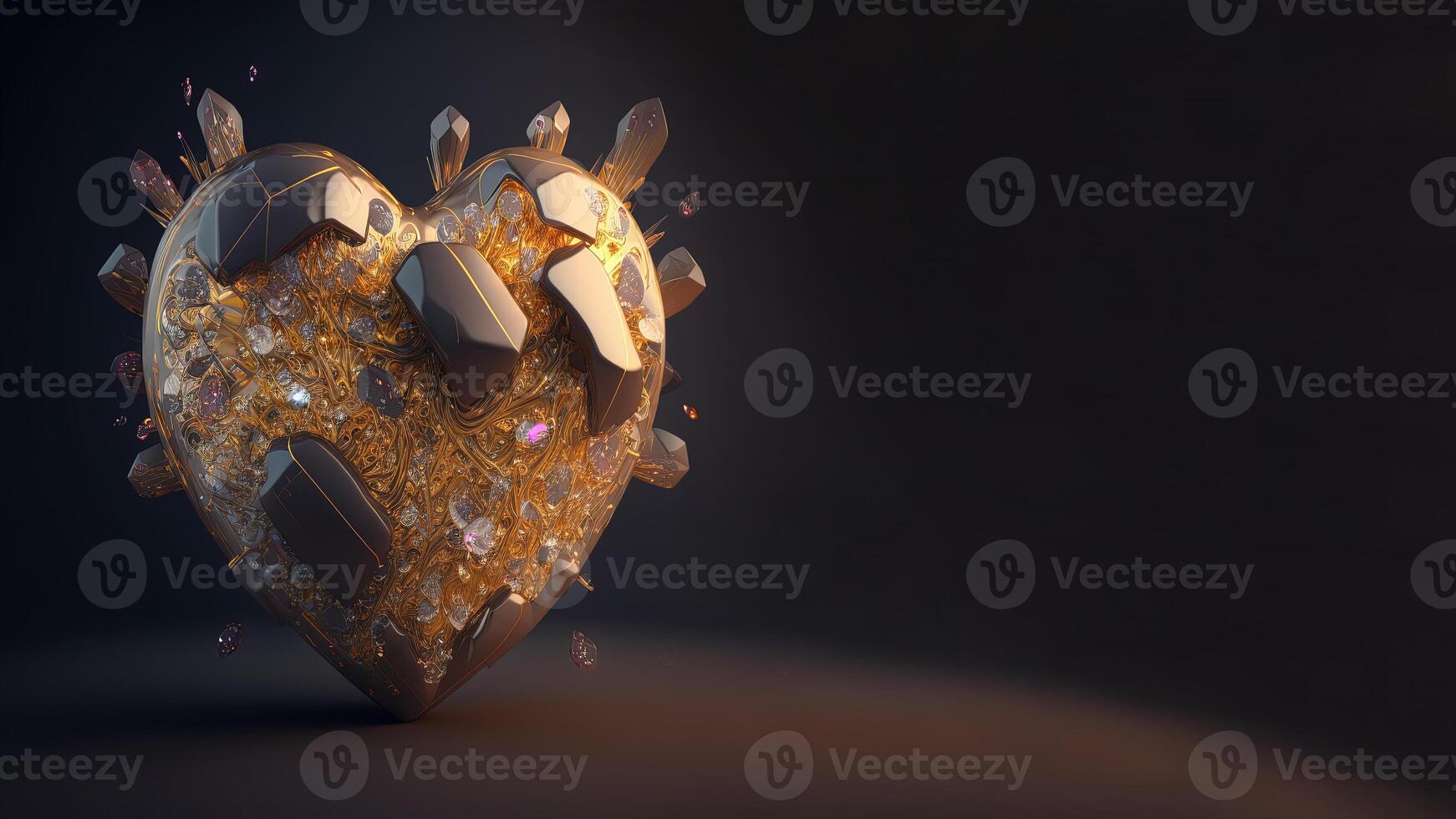 , Stone royal heart with precious stones, jewelry futuristic illustration. Love, feelings, romantic St. Valentine's Day concept, realistic 3d effect, horizontal banner. photo