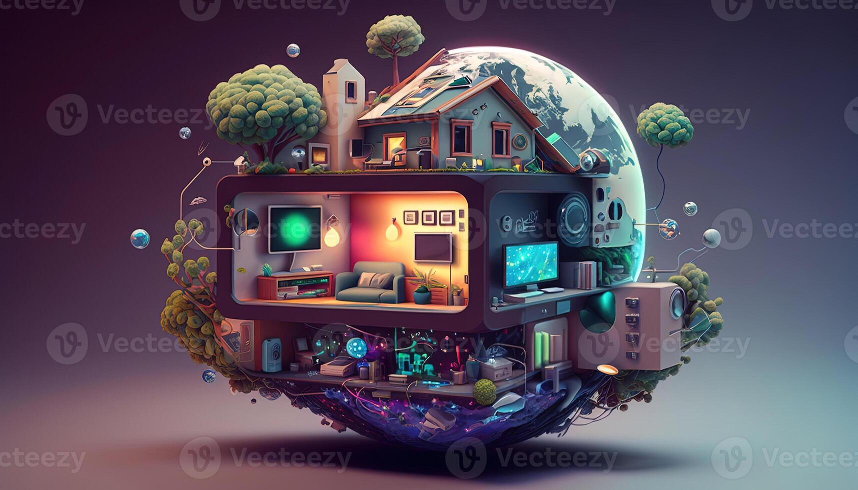 , Internet of things IOT devices and connectivity on a network, cloud at center, horizontal illustration. Technology concept, smart home. photo