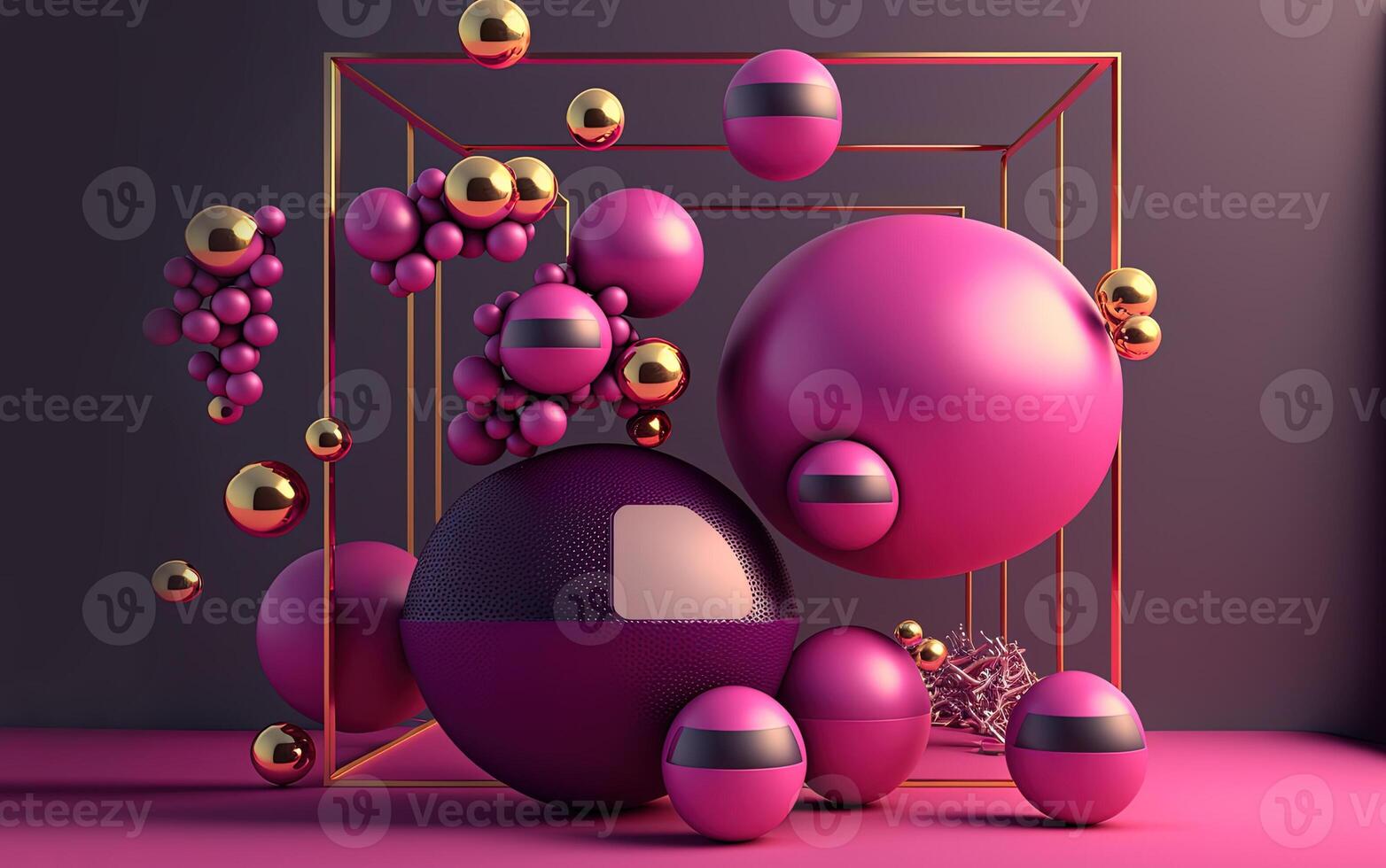 , geometric figures, cube, floating spheres and balls in magenta color. Glossy pink fluid banner, 3D scene effect, modern macro photorealistic abstract background illustration. photo