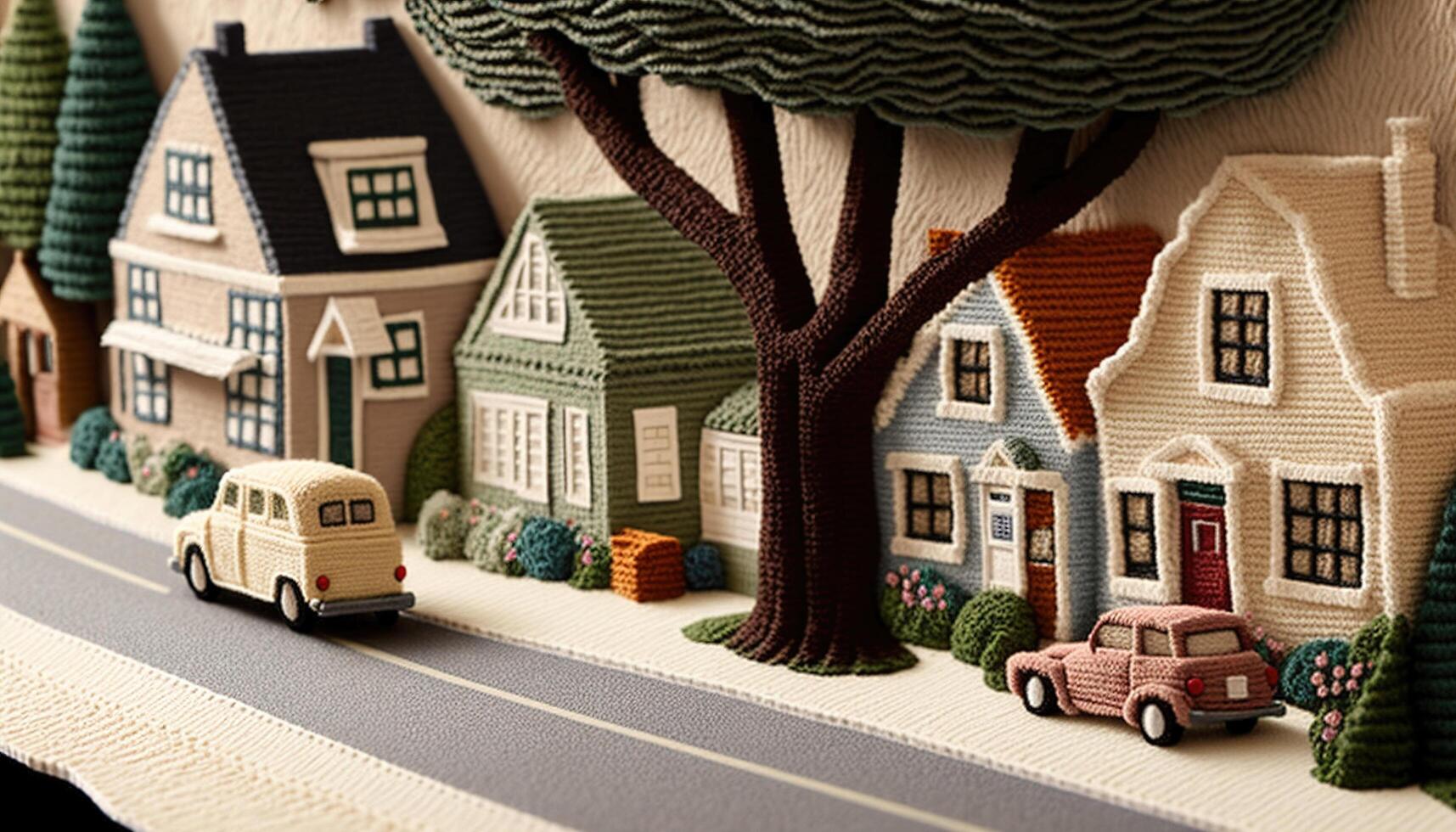 , cute street made of crochet, houses, trees, road, cars. Soft colors, dreamy scene cityscape made of crochet materials, wool, fabric, yarn, sewing for background photo