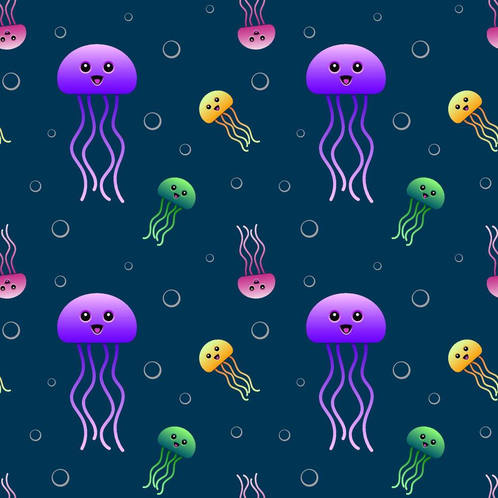 Jellyfish seamless pattern. Colorful cartoon creatures and bubbles. Vector design.