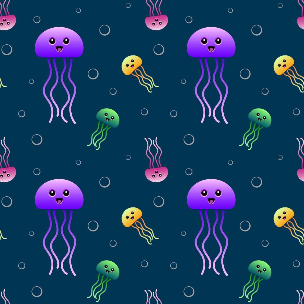 Jellyfish seamless pattern. Colorful cartoon creatures and bubbles. Vector design.