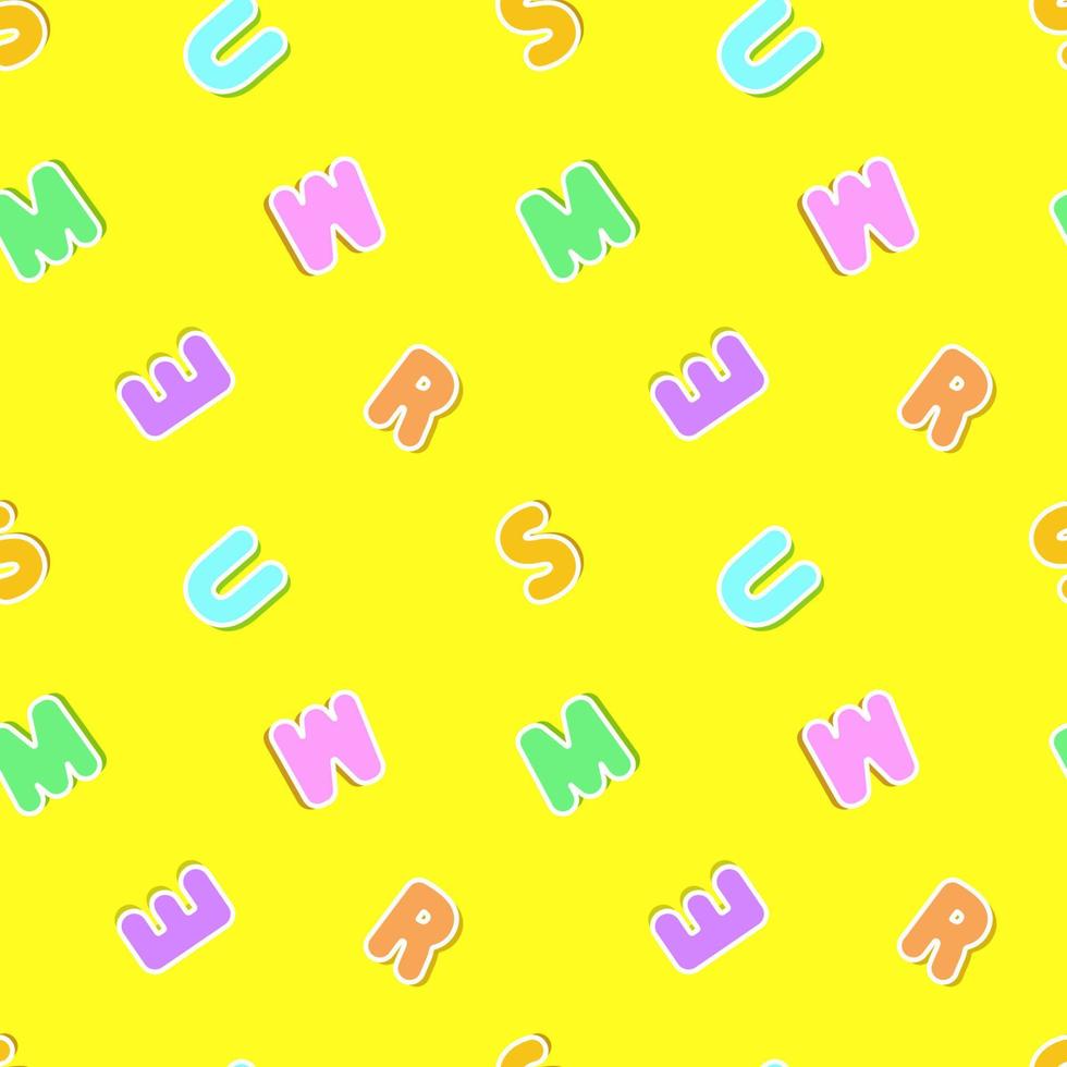Letters seamless pattern. Letters making the word summer. Bright yellow background. Vector design.