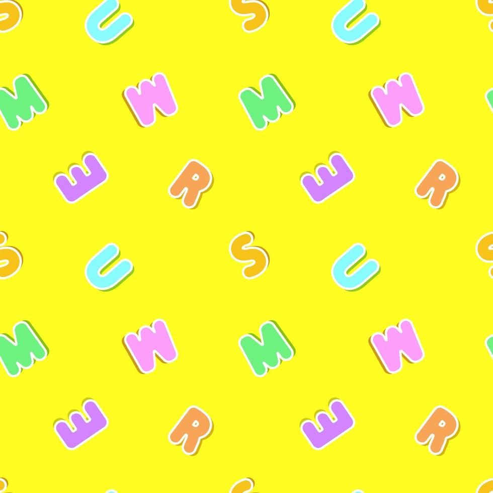 Letters seamless pattern. Letters making the word summer. Bright yellow background. Vector design.