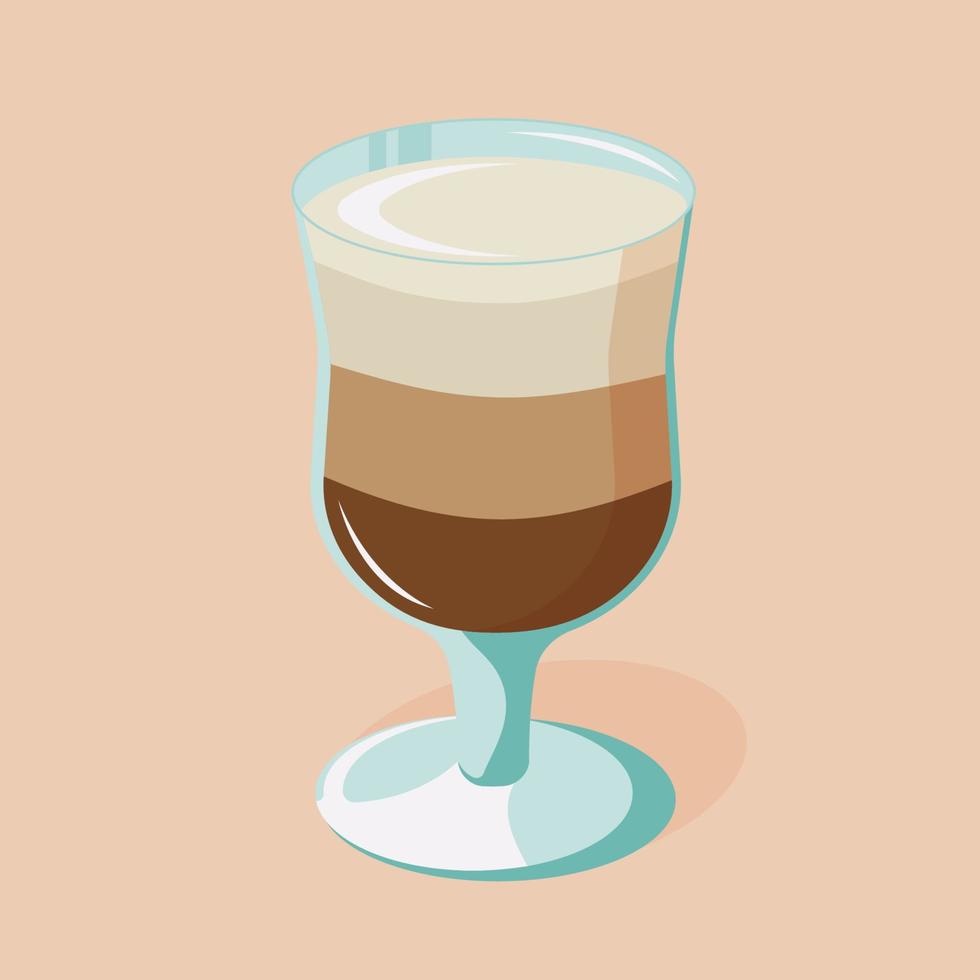 Glass of latte macchiato coffee of 3 layers. Sweet delicious beverage. Vector design.