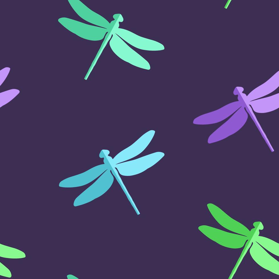 Dragonfly seamless pattern. Green, blue, purple and cyan insects on the purple background. Vector design.