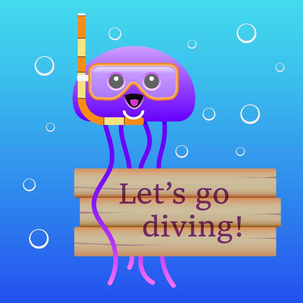 Jellyfish asking to go diving. Colorful cartoon creature with underwater mask and bubbles on the background. Vector design.