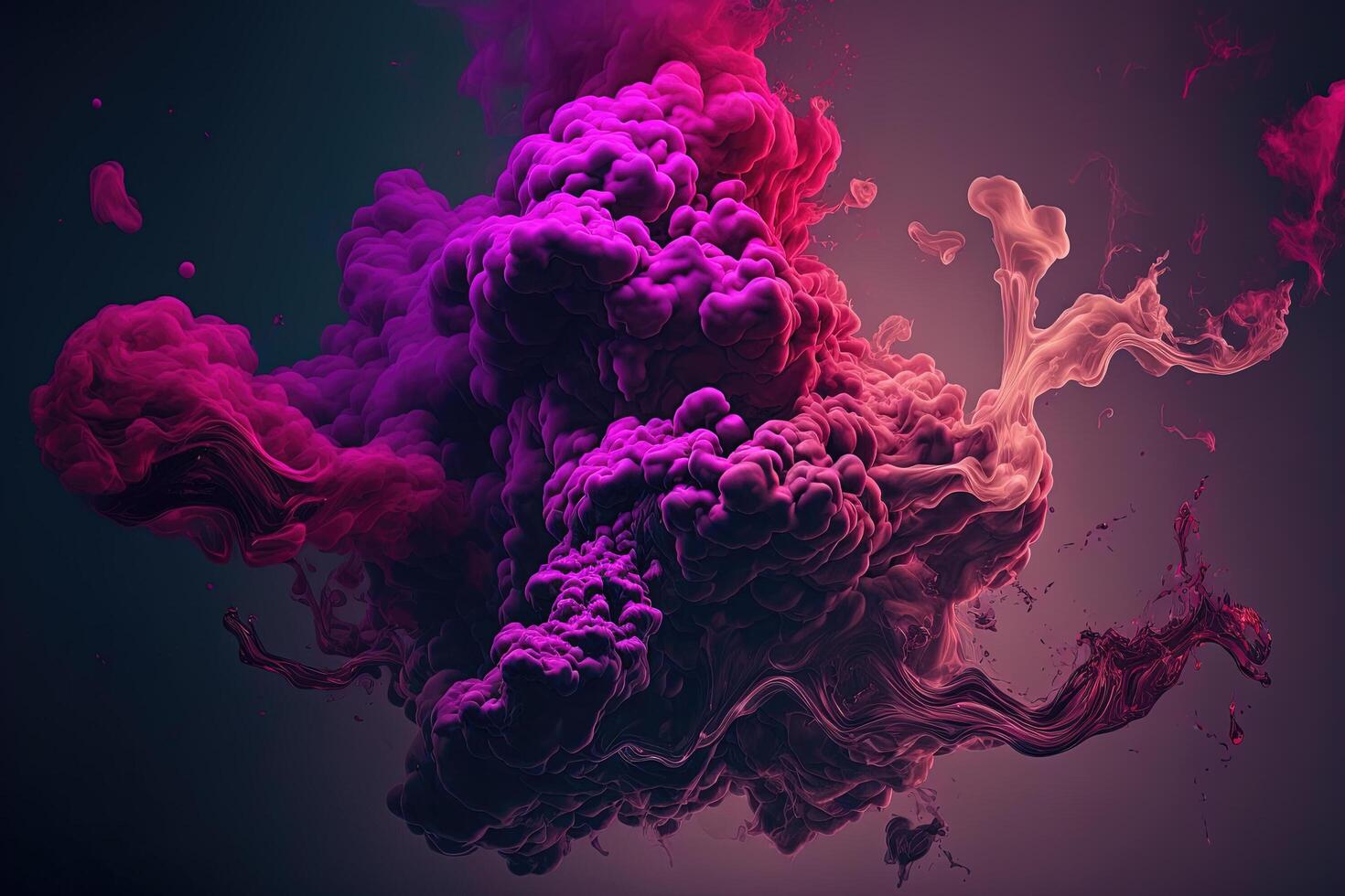 , Flowing liquid and smoke with splashes in magenta and purple color. Bright pink fluid banner, 3D effect, modern macro realistic abstract background illustration, ink in water effect. photo