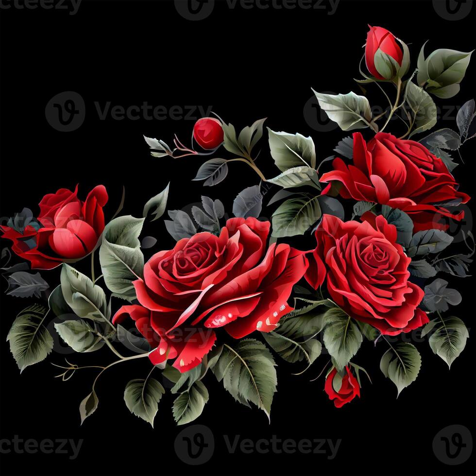 Red rose on black background, floral template - image photo
