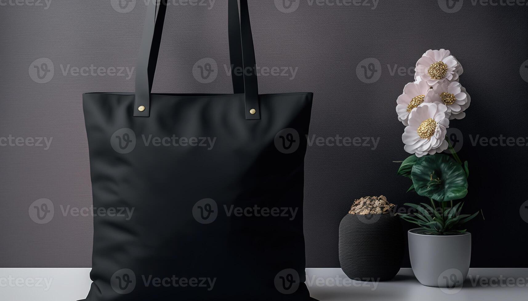 , Realistic black tote canvas fabric bag set-up in at home interior, mug mock up blank. photo