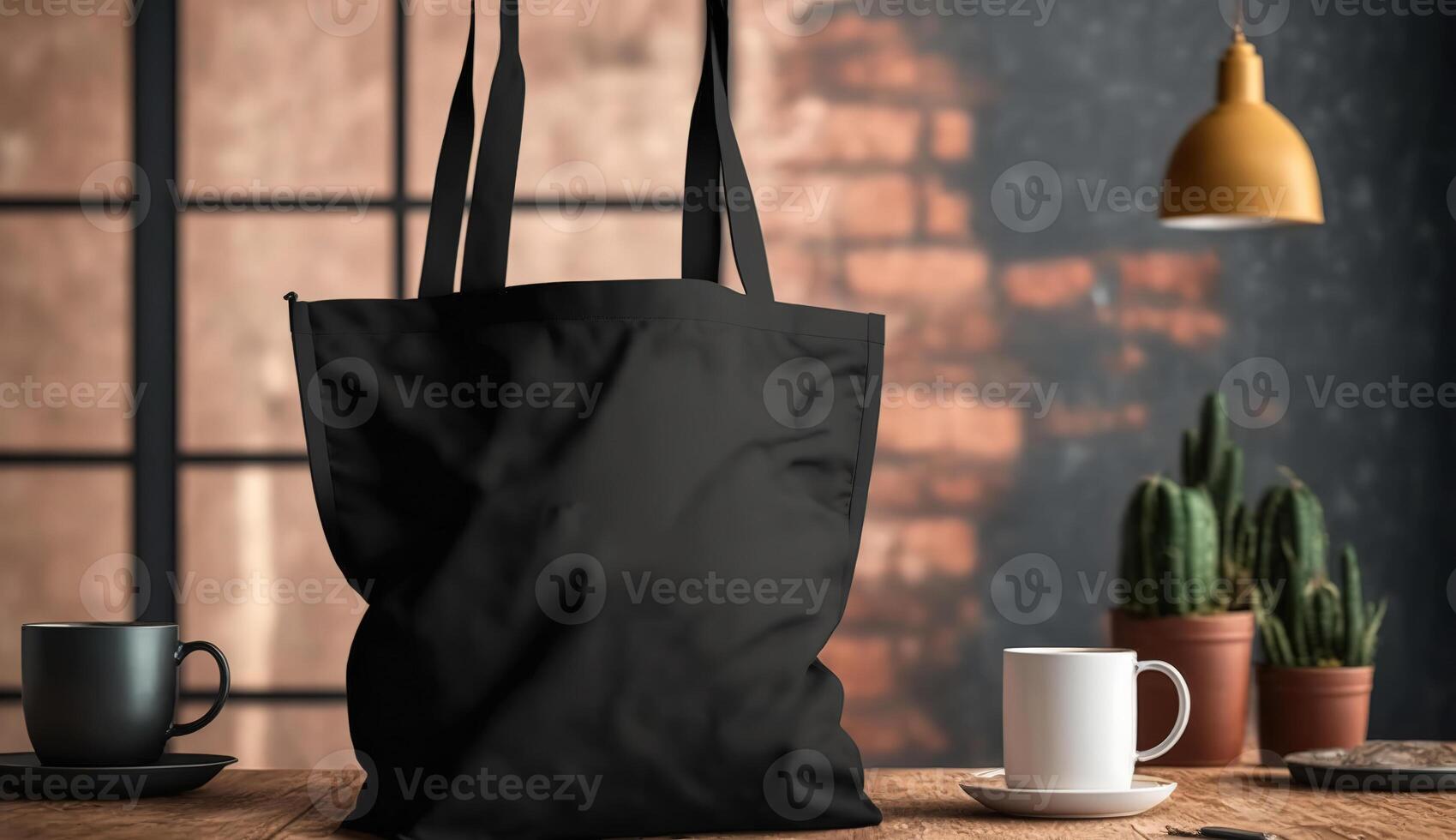 , Realistic black tote canvas fabric bag set-up in at home interior, mug mock up blank. photo