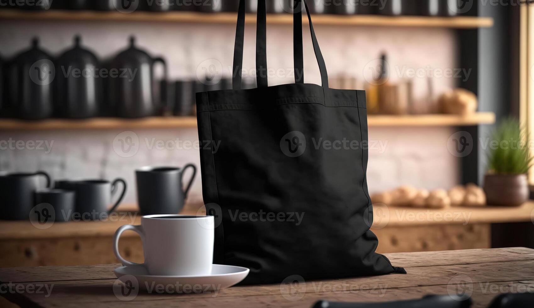 , Realistic black tote canvas fabric bag set-up in at home interior, mug mock up blank. photo