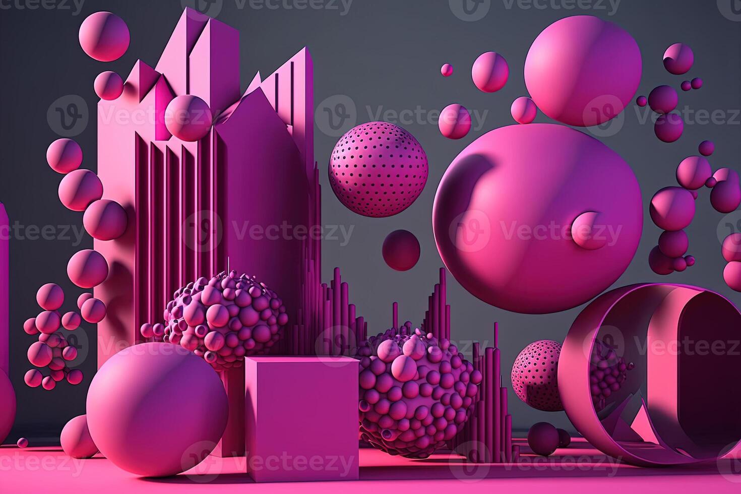 , geometric figures, cube, floating spheres and balls in magenta color. Glossy pink fluid banner, 3D scene effect, modern macro photorealistic abstract background illustration. photo
