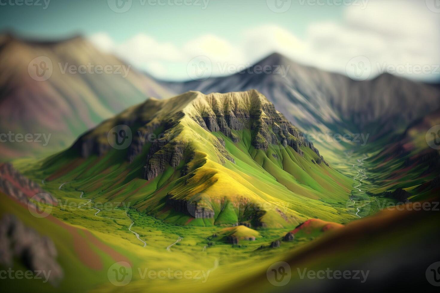 , Mountains spring green landscape, houses, trees, road, beautiful countryside. Nature Illustration, photorealistic tilt shift horizontal banner. photo